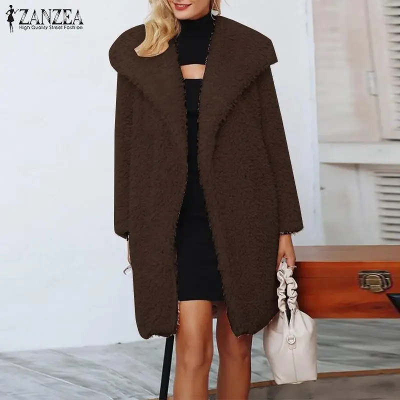 ZANZEA/зимние Плюшевые Пушистые пальто из искусственного меха для женщин, с отворотом, с вырезом, открытые спереди, теплые куртки, однотонные длинные пальто, повседневная верхняя одежда