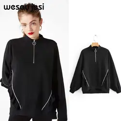 2019 осенний пуловер толстовки женские однотонные с длинным рукавом Повседневные уличные пальто женские черные на молнии женские толстовки