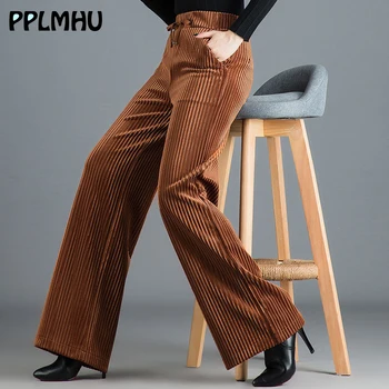 

Women Fashion Wide Leg Velvet Pants Autumn Winter Casual Plus Size 4XL Loose High Elastic Waist Straight Lace-up Long Trousers