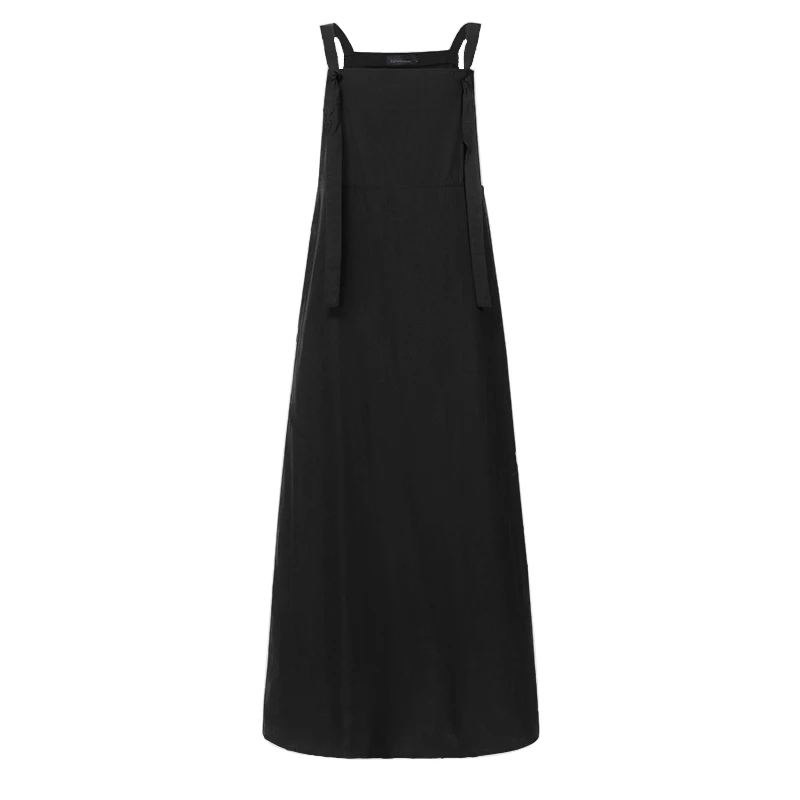 Женское повседневное однотонное длинное платье без рукавов, винтажное хлопковое льняное платье-комбинезон, женские сарафаны, халат большого размера - Цвет: Черный
