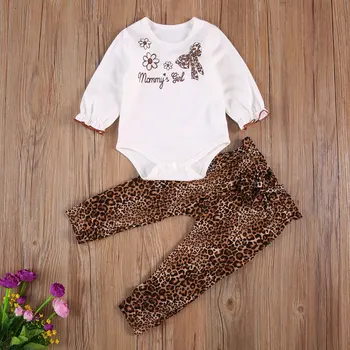 

2020 Autumn Girl Leopard Romper Pants Baby Round Collar Long Sleeves Flower Printed Top Ruffle Jogger Trousers