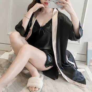 

Women Sexy Nighty&Robe Suit Black Nightdress Satin 2PCS Sleepwear Lace Kimono Bathrobe Gown Nightwear Silky Intimate Lingerie