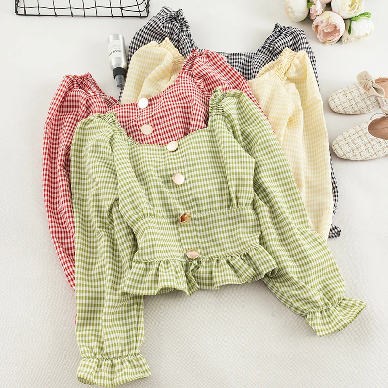 

Women Tops Blouses 2019 Autumn Elegant Long Sleeve Puff Sleeve Square Neck Button Casual Plaid Shirts Black Red Yellow Green