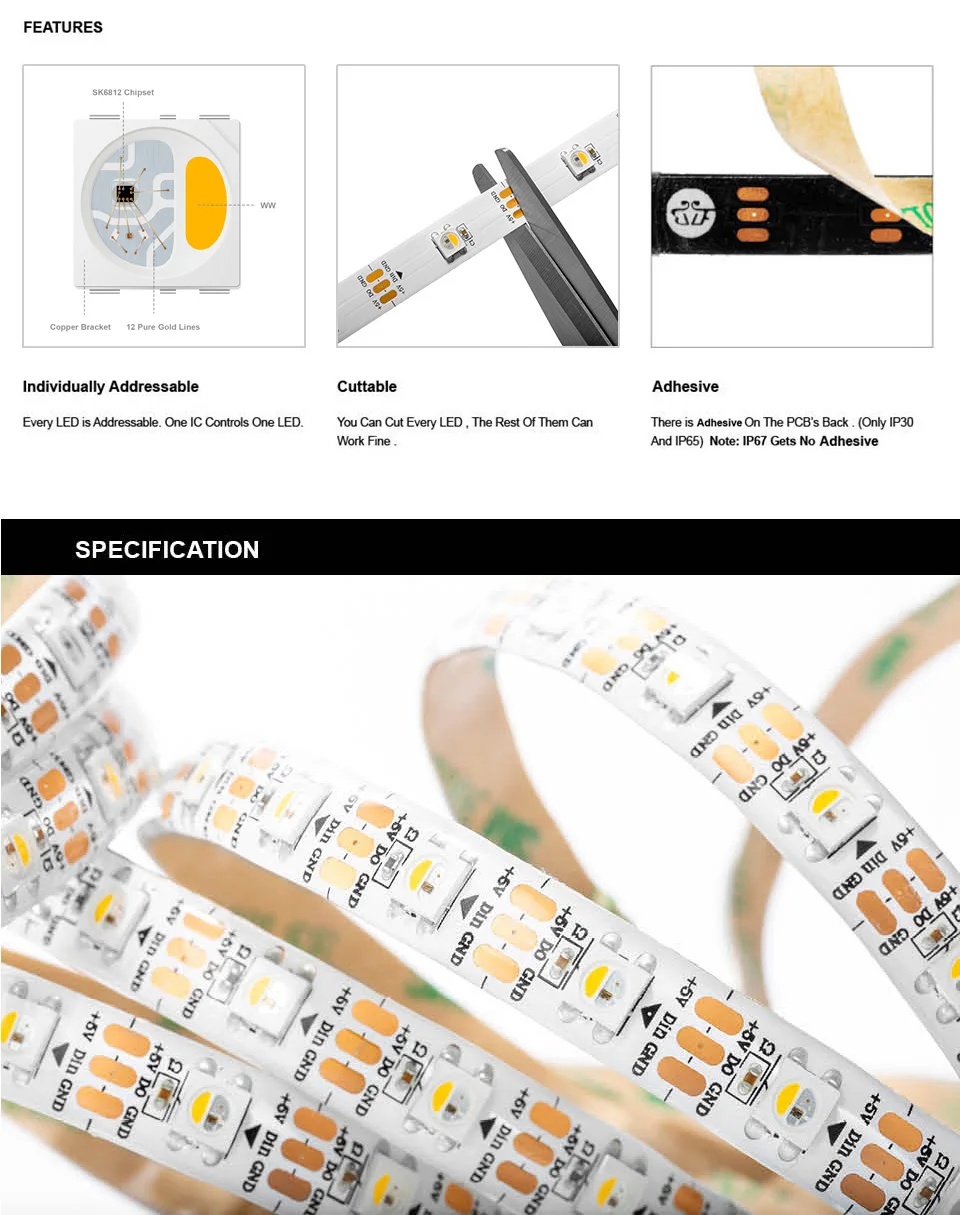 SK6812 RGBW 60LEDS/M DC12V 10MM-Wide Digital Intelligent Addressable LED  Strip Lights - 5m/16.4ft per roll [SK6812-RGBW-60W10-12V] - $39.98 