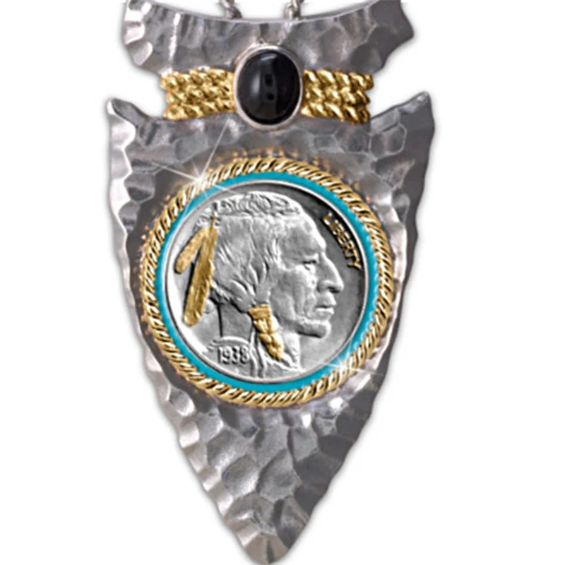 

Vintage Punk Indian Chief Pendant Necklace Men's Jewelry Metal Silver Gold Gift Black Stone Sphinx Pattern Pendant Women Z4M369