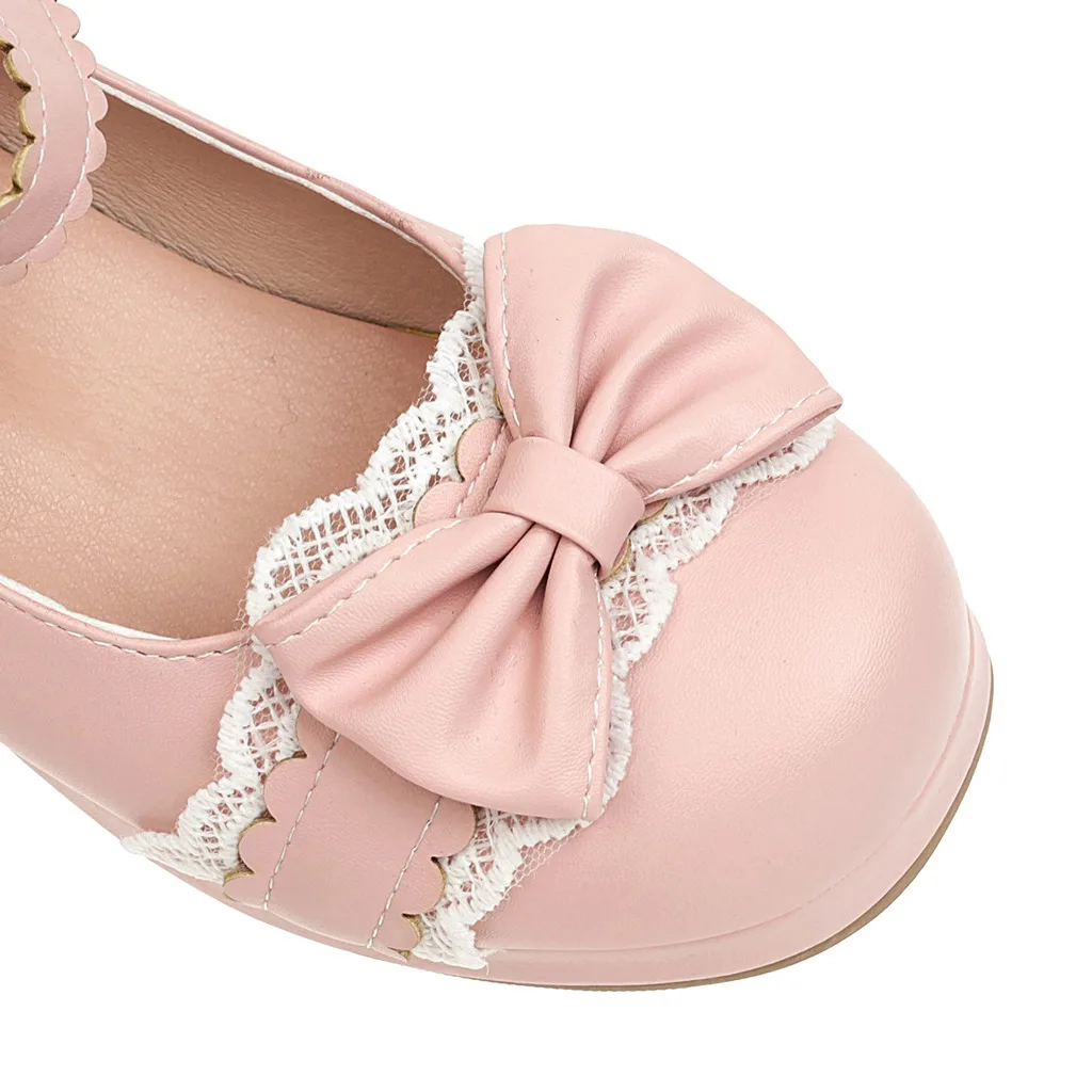 Lolita Girls Mary Janes Shoes Bowknot Princess Ruffles Japan Sweet Bride Wedding Party Dress Pumps Cosplay Pink Plus Size 34-48