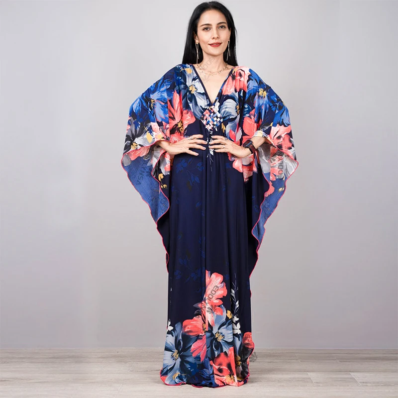 bikini cover 2022 Print Cover-ups Sexy Deep V-neck Summer Beach Dress Tunic Long Kaftan Women Beachwear Swimsuit Cover Up Robe de plage Q1289 cute bathing suit cover ups