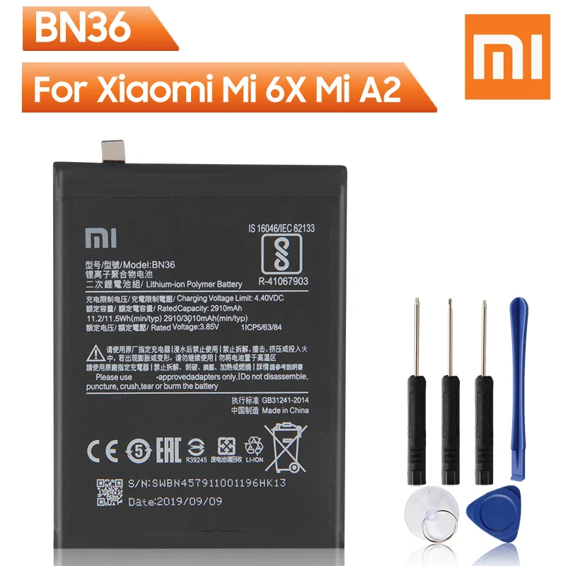 Оригинальный аккумулятор Xiao Mi BN36 для Xiaomi Mi6X 6X MiA2 A2 оригинальный запасной телефона