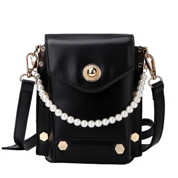 

2019 Small Bags Ladies Beaded Chain Black Leather Luxury Handbags Women Shoulder Bag Famous High Quality Fashion Brand