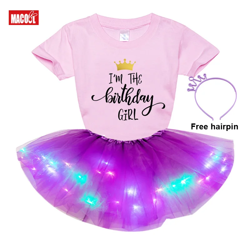 

Kids Girls Clothes Dress Set 2021 Summer Girls Short Sleeve T-shirt+luminous Skirt+hairpin 3pc Set Girl Birthday Party Dress Set