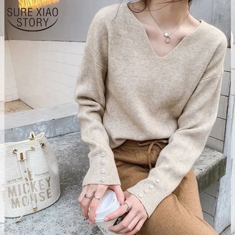 Autumn Winter V-neck Female Pullover Sweaters Full Sleeve Loose Casual Elegant Lady Knitwear 2022 Women Knitted Jumpers 11319 | Женская
