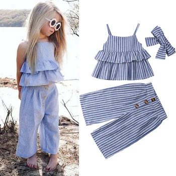 

Summer Kids Baby Girl Striped Outfits Sleeveless Strap Ruffle Vest Tops Wide Led Pants Headband 3Pcs Girls Clothes Sets 1-6Y