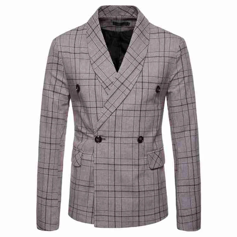 

New Casual Fashion Men's Retro Style Double-breasted Plaid Suit Jacket Light Color Autumn/Winter Coat