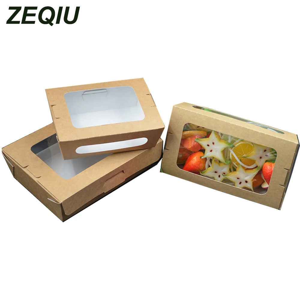 ZEQIU коричневая бумажная упаковочная коробка одноразовый прозрачный skylight контейнер для фруктового салата(760 мл/970 мл/1470 мл