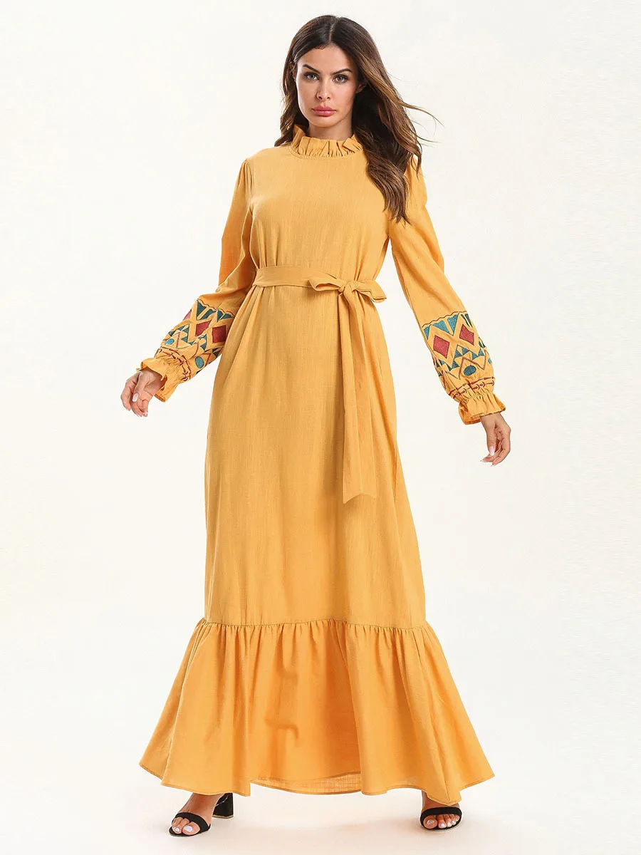 Мусульманское платье осень Musulmane Женский, с длинным рукавом гофрированный большой abaya Femme Musulman Robe платье