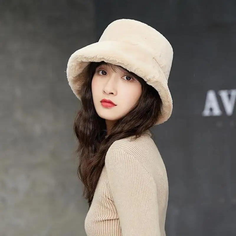 Fashion Fisherman Cap Female Autumn Winter Plush Solid Flat Top Leisure Bucket Hat Japanese Thick Leather Foldable Sunhats Women