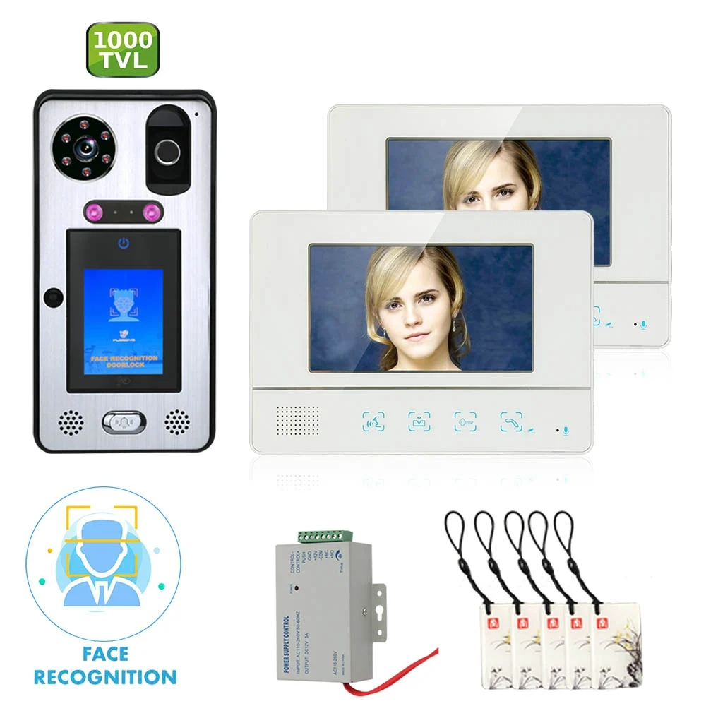 7 inch 2 Monitor Video Door Phone Doorbell Intercom System with Face Recognition Fingerprint RFIC Wired 1000TVL Camera