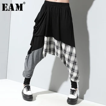 

[EAM] High Elastic Waist Black Plaid Split Long Harem Trousers New Loose Fit Pants Women Fashion Tide Spring Summer 2020 1U061