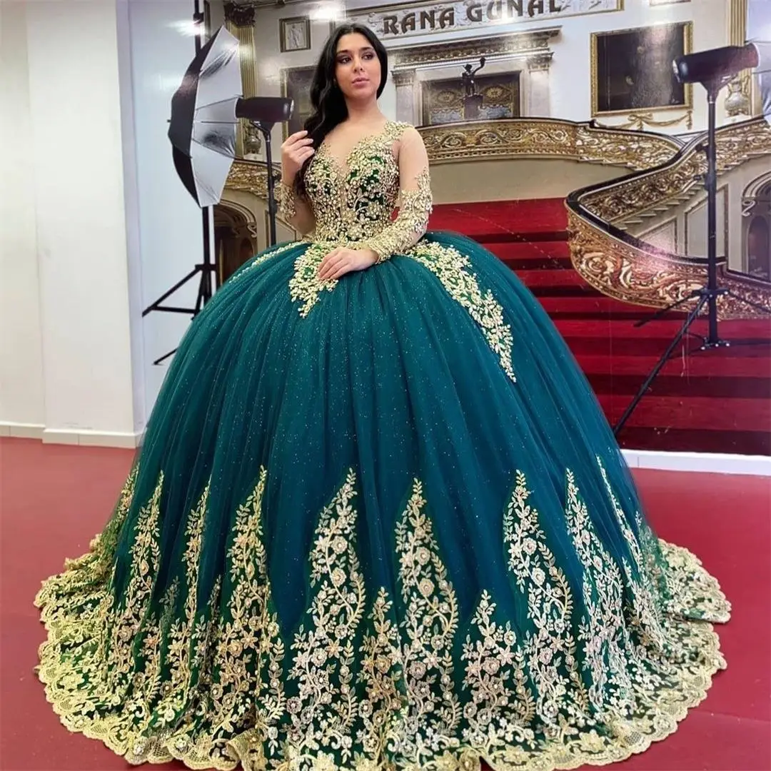 

Стильное бальное платье, платья для Quinceanera 2022, прозрачное кружевное платье с длинным рукавом, со шнуровкой, корсет, милое вечернее платье 15