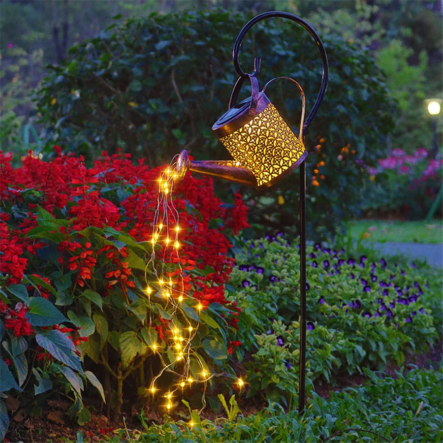 New Outdoor Waterproof Solar Led Watering Can Lamp Iron Hollow-out Shower Lawn Landscape Christmas Fairy Lights For Garden Decor