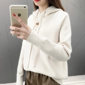 

Autumn Winter 2020 Women Knitted Hooded Top Sweater Feamle Solid Color Basic Pullover Ladies Pull Jumper