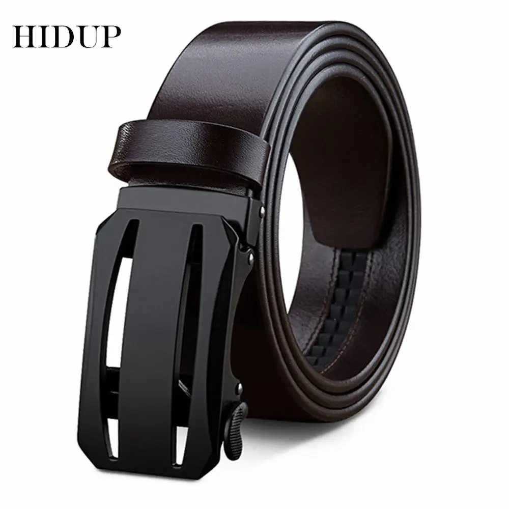 HIDUP New Design Top Quality Cow Cowhide Leather Ratchet Belts Fashion Styles Black Hollow Automatic Buckle Metal for Men NWJ641