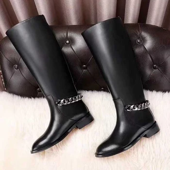 

Metal Chain Knee High Boots Waterproof Genuine Leather Botas US 10 Plus Size Long Boots Round Toe Fashion Street Style Botas ZIP