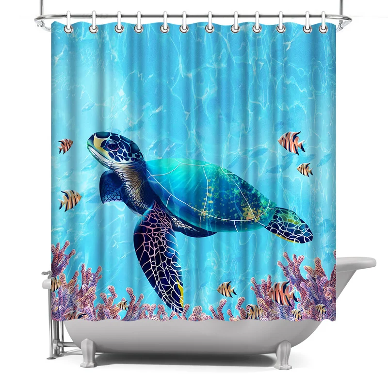 Modern 3D Printing Sea Turtle Shower Curtain Ocean Landscape Bath with Hooks for Bathroom Waterproof Polyester  Дом и