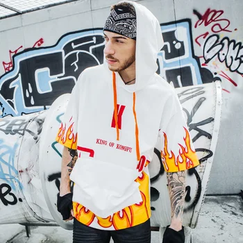 

2020 new Flame Printed Short-Sleeved Sweater Men's Hooded T-shirt Summer Thin Hip Hop BF Wind Loose Hoodie Half Sleeve