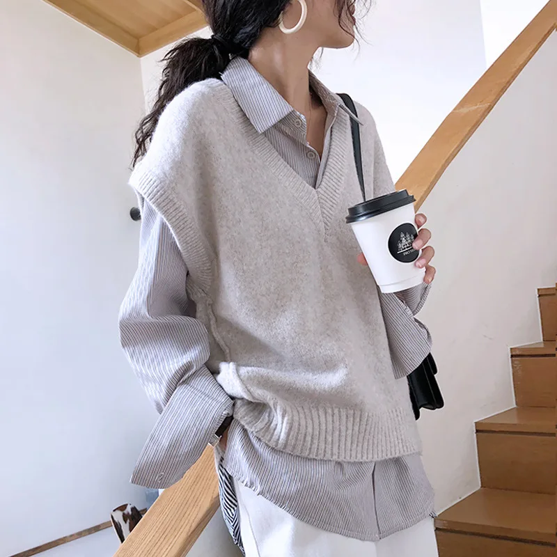 

Korean-style CHIC Solid Color Loose-Fit V-neck Knitted Vest Vest Women's Autumn And Winter Sleeveless Waistcoat Sweater