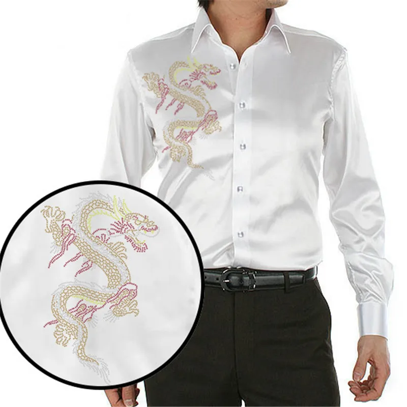 1.1      45、Men's Luxury Silky Shirts Long Sleeve Fashion Loose Casual Silk Like Men Dress Shirt Plus size Wedding Party Stage Clothes