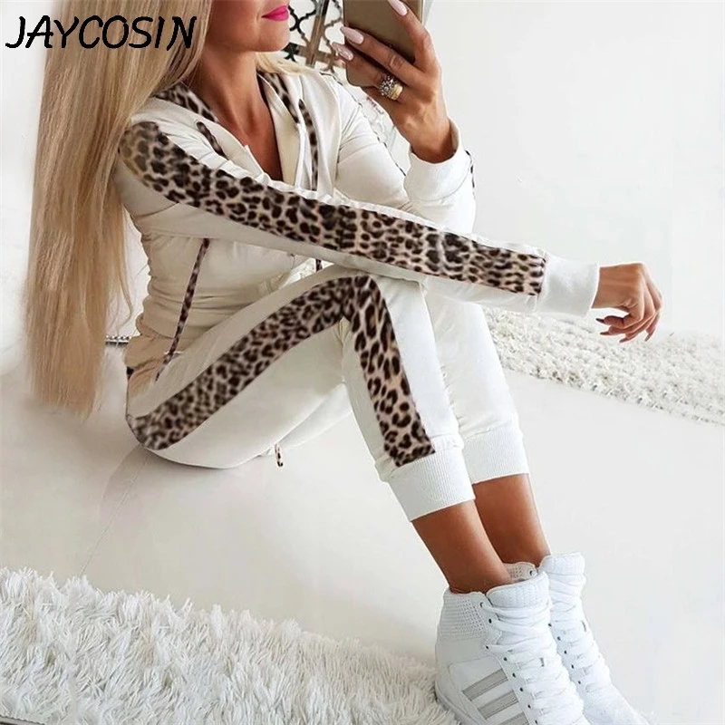 JAYCOSIN женский спортивный свитшот с длинными рукавами и леопардовым принтом, с завязками, с капюшоном, комплект со штанами, комплект из двух предметов, спортивные женские костюмы