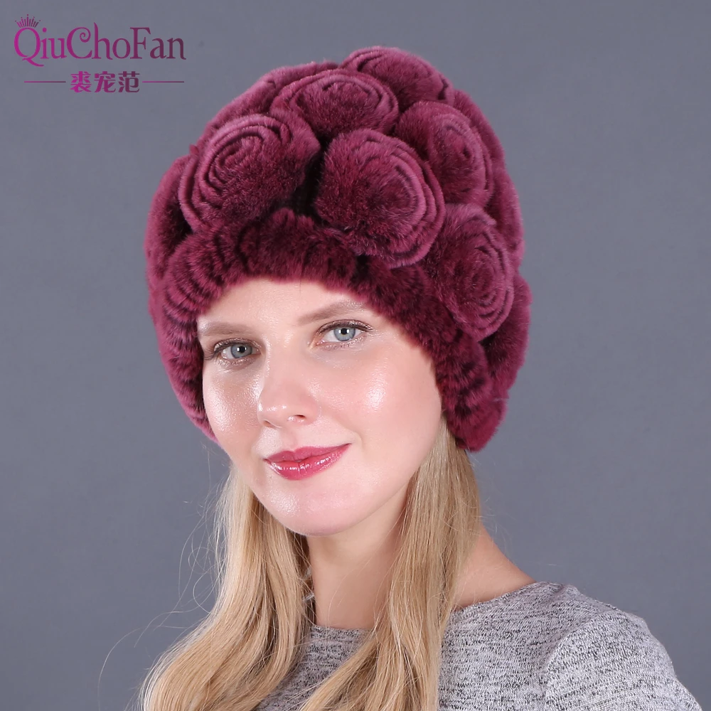 Новинка, женская шапка Skullies, настоящий мех кролика, зимняя шапка с цветочным рисунком, шапка из кроличьего меха Рекс, шапка для девочек с цветами и кроличьим мехом s
