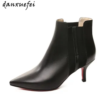 

Women's genuine leather elastic patchwork slip-on thin high heel autumn ankle boots pointed toe elegant ladies slin short shoes