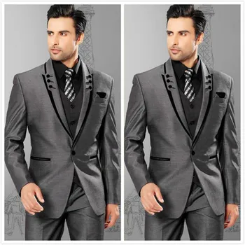 

Men Suits Slim Fit Peaked Lapel Grey Groom Tuxedos Mens Wedding Suits Groomsmen Suits One Button Mens (Jacket+Pants+Ves