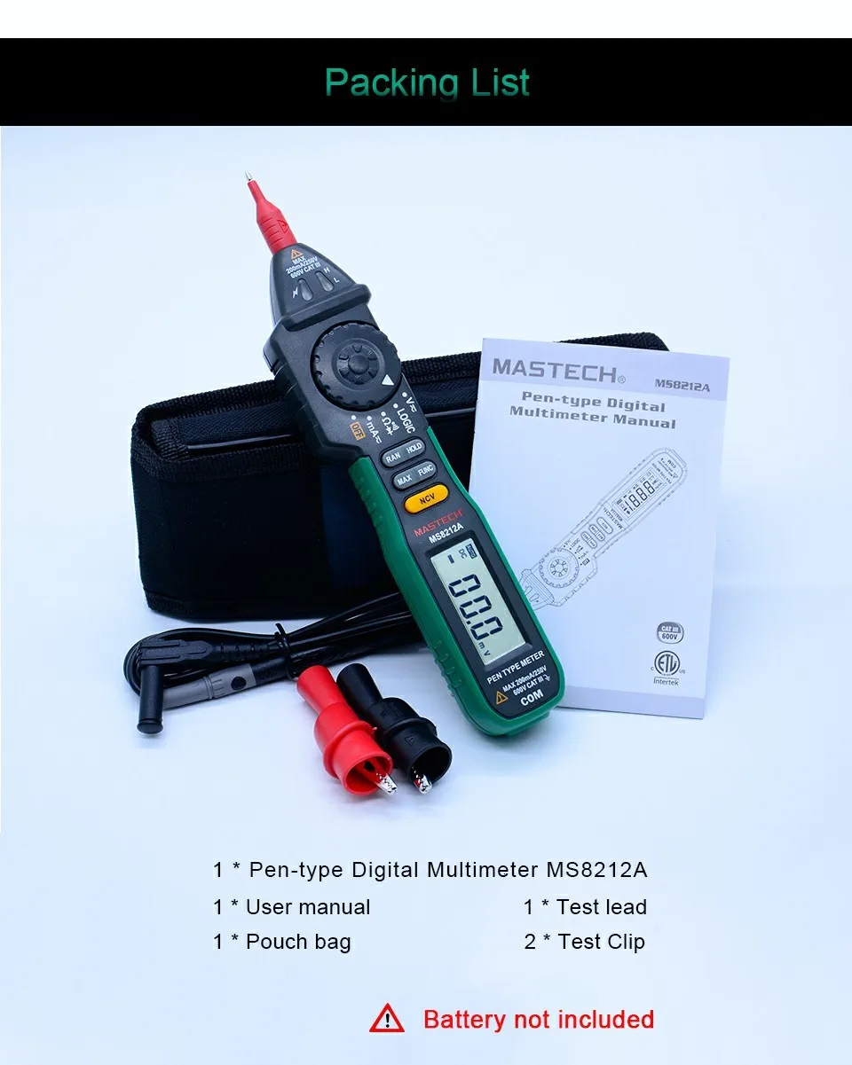 MASTECH MS8212A цифровой Ручка Тип мультиметр Бесконтактный напряжение AC DC Напряжение Ток Тестер Multimetro тестер диодный детектор