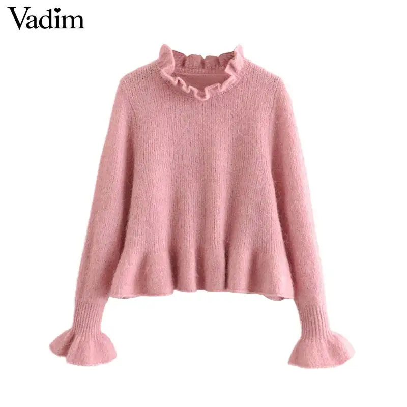 

Vadim women sweet lace knitted pink sweaters ruffled collar long flare sleeve pullovers female casual cute tops HA598