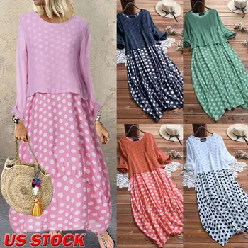 

New Arrive Women Summer Casual Polka Dot Long Sleeve Two Pieces Set Plus Size Vintage Long Maxi Dress