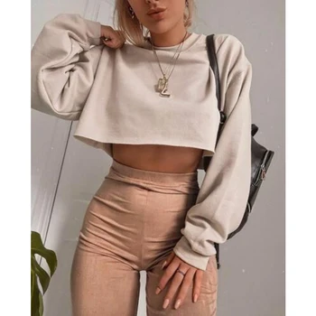 

New Autumn Women's Long Sleeve Top Round Neck Cotton Solid Color Pullover Ladies Crop Top Sweatshirt Tee Tops