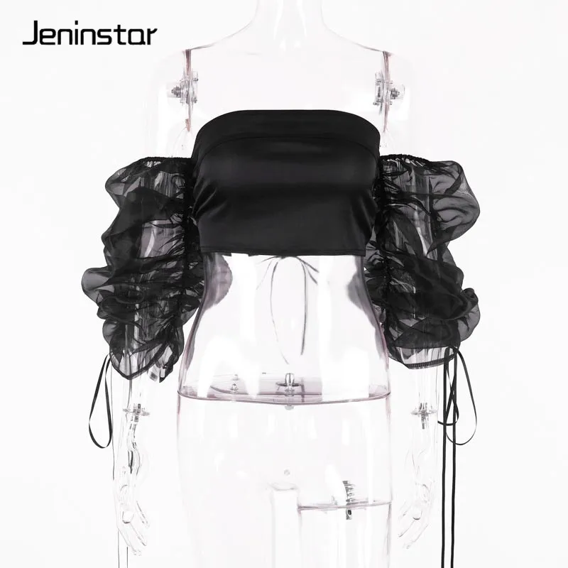 Черный Jeninstar сетчатая Лоскутная повязка, сексуальные женские повседневные короткие топы с открытыми плечами, летний топ на бретелях, женские пляжные вечерние топы с открытой спиной - Цвет: Черный