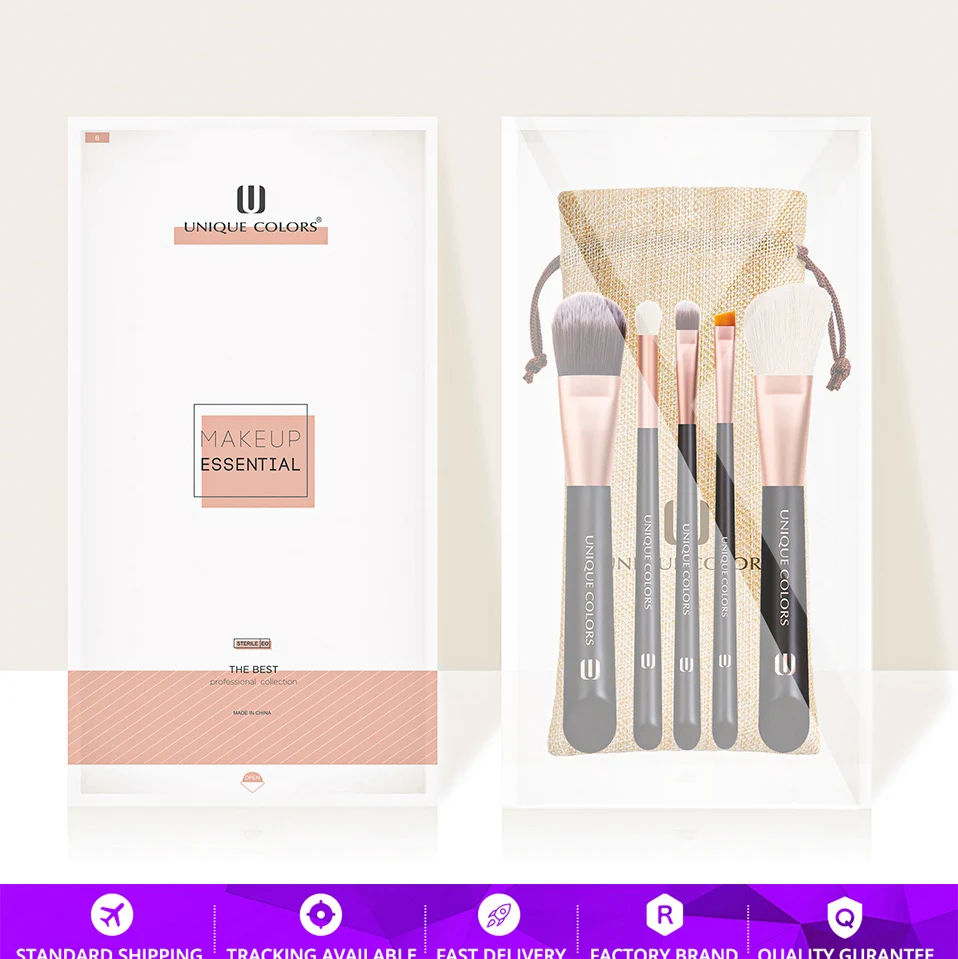 

5Pcs Basic Facial Brushes Set Essential makeup brushes Synthetic PBT hair Rose gold brown handle with Travel cosmetic bag