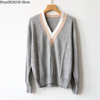 

French Elegant 2020 Women's Wear V Collar Contrast Color Long Sleeve Pullover Loose Backing Knitting Shirt Sweater Female