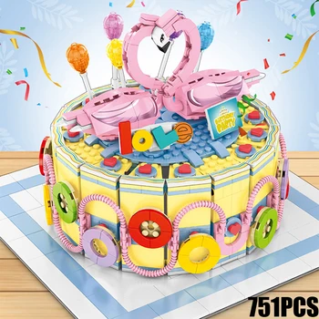 

creative Gift box Delicious Birthday cake building block Love Flamingo assembly bricks toys collection for girls gifts