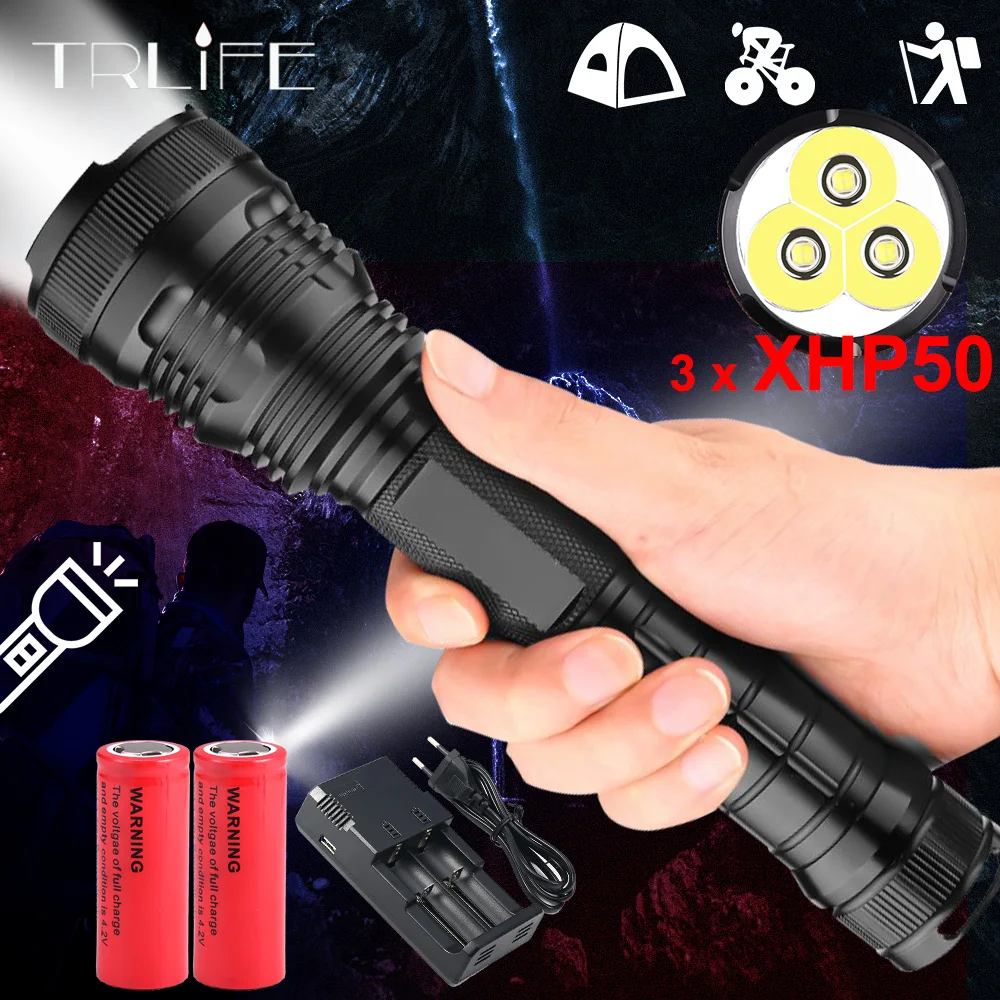 Ультра мощный светодиодный фонарь 3 * XHP50 XLamp яркий перезаряжаемый походный