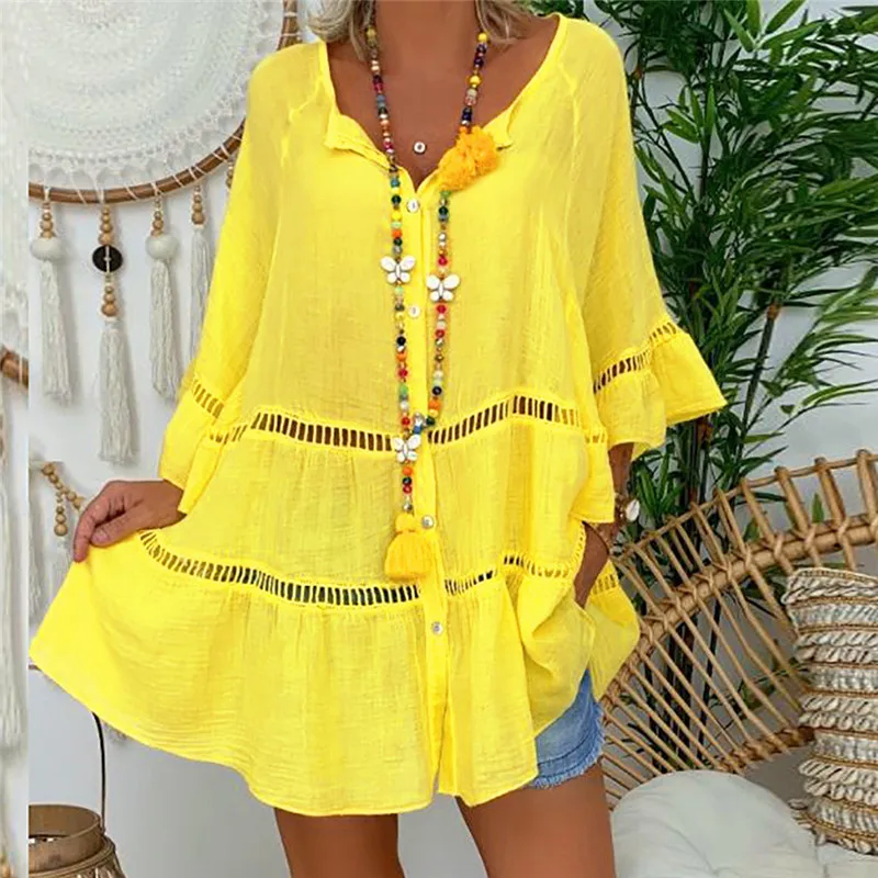 Women v- Neck T-Shirt Basic Button Tee Summer Casual Loose Three Quarter Buttterfly Top Feminino Vestido | Женская одежда