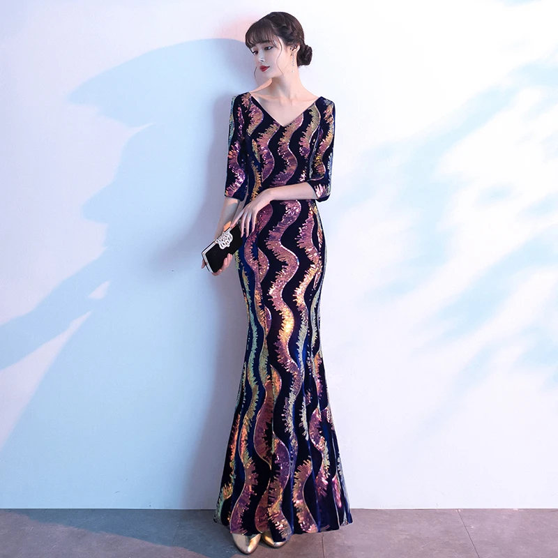 AE640 Robe De Soiree стиль Роскошные вечерние платья с коротким рукавом настоящая фотография блестки V образным вырезом Вечерние платья Русалка