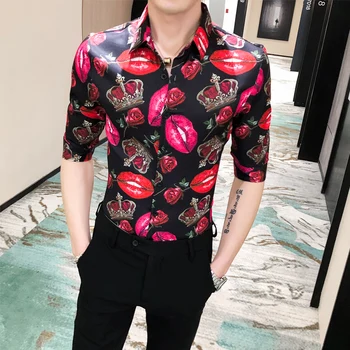 

Summer Short Sleeve 2020 Casual Slim Fit Hawaiian Shirt Streetwear Social Nightclub Blusa High Quality Red Lips Retro Men Shirt