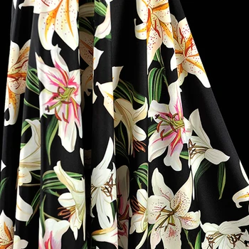 

112CM 30MM Lily Print Stretch Black Pink Silk Crepe Fabric for Summer Dress Blouse Skirt Shirt Scarf Pants J223