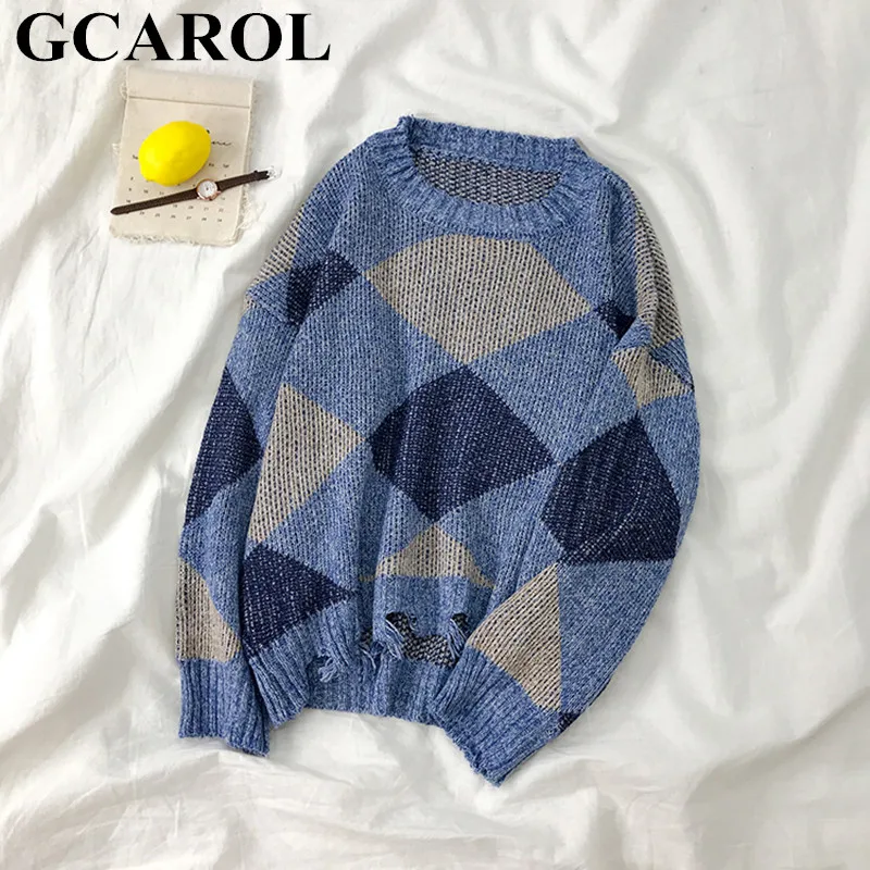 Blue GCAROL, Рождественская серия, клетчатый винтажный свитер, большой размер, рваные, дизайн, зимний мешковатый джемпер с заниженным плечом, Джерси в клетку - Цвет: Blue