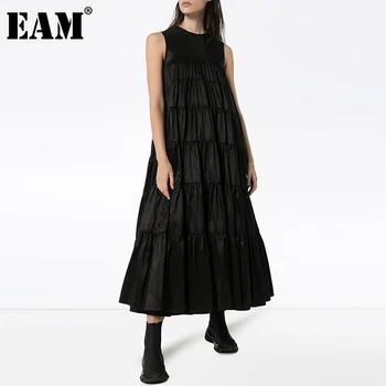 

[EAM] Women Black Pleated Split Joint Long Dress New Round Neck Sleeveless Loose Fit Fashion Tide Spring Summer 2020 1Z402